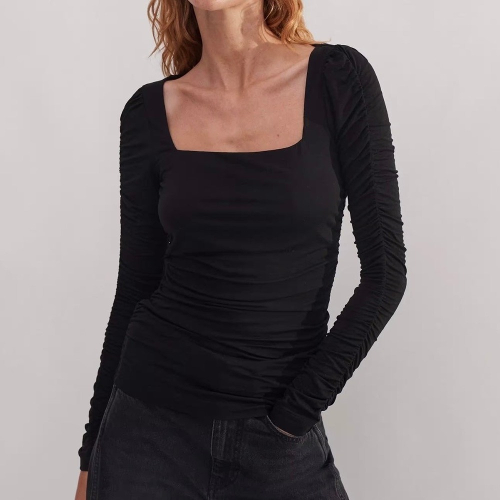 ME+EM Black Ruched Square Neck Long Sleeve Soft Stretch Jersey Top Size 12